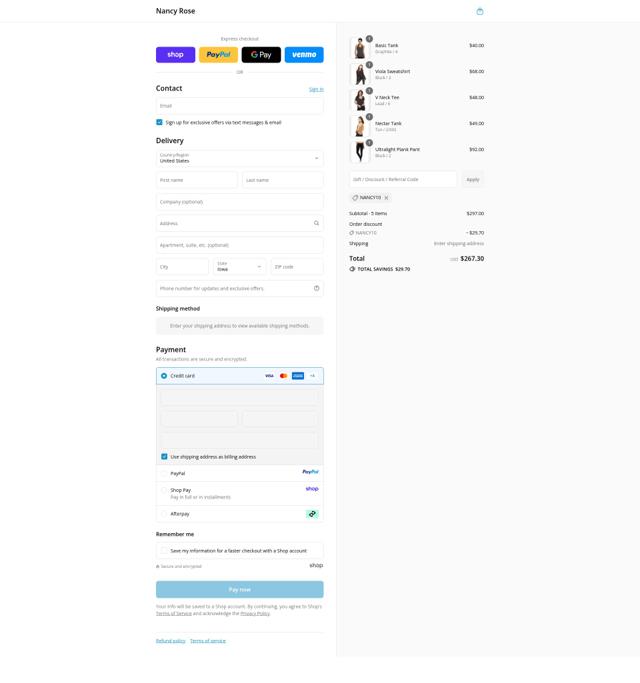 Nancy Rose Performance checkout page showing Nancy Rose Performance coupon code box | Screenshot taken by SimplyCodes community member on Sep 10, 2025