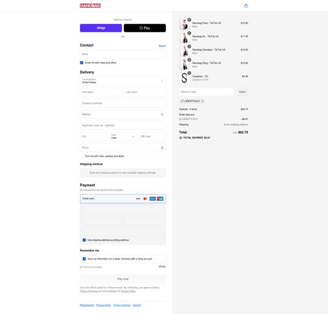 Nanobag checkout page showing Nanobag discount code box | Screenshot taken by SimplyCodes community member on Sep 15, 2025