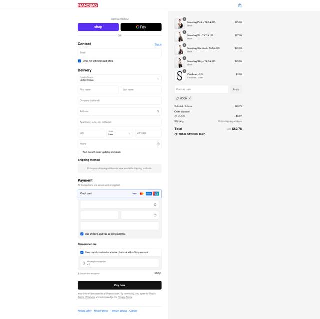 Nanobag checkout page showing Nanobag discount code box | Screenshot taken by SimplyCodes community member on Sep 15, 2025