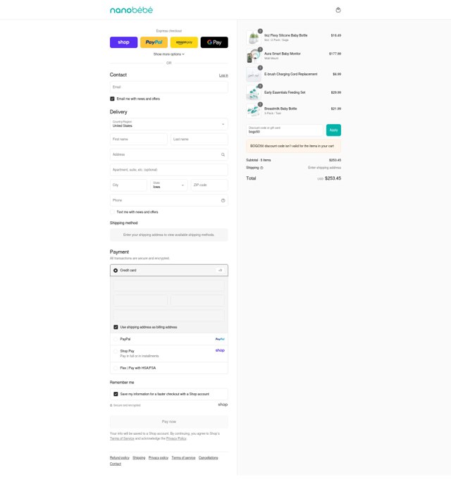 Nanobebe checkout page showing Nanobebe discount code box | Screenshot taken by SimplyCodes community member on Sep 6, 2025