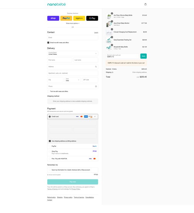 Nanobebe checkout page showing Nanobebe discount code box | Screenshot taken by SimplyCodes community member on Sep 6, 2025