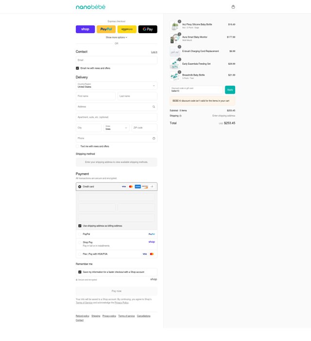 Nanobebe checkout page showing Nanobebe discount code box | Screenshot taken by SimplyCodes community member on Sep 6, 2025