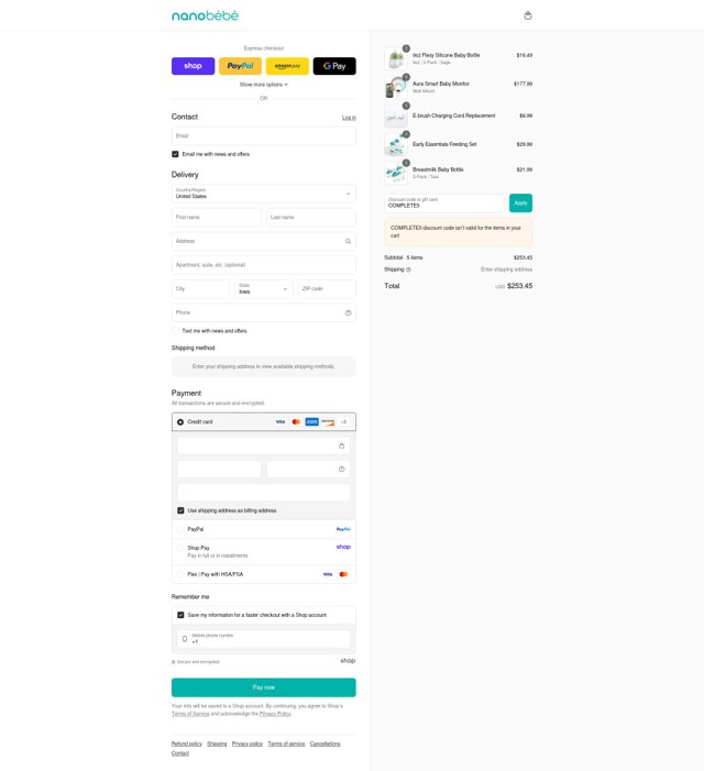 Nanobebe checkout page showing Nanobebe discount code box | Screenshot taken by SimplyCodes community member on Sep 6, 2025