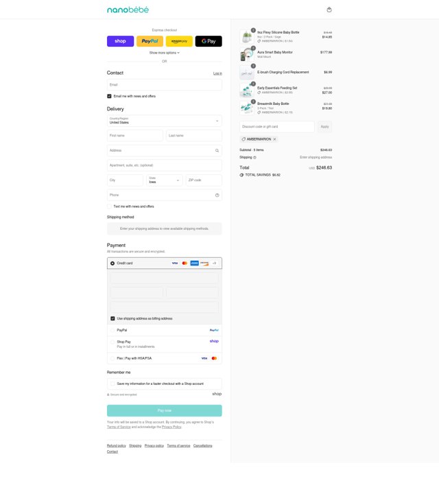 Nanobebe checkout page showing Nanobebe discount code box | Screenshot taken by SimplyCodes community member on Sep 6, 2025