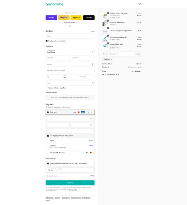 Nanobebe checkout page showing Nanobebe discount code box | Screenshot taken by SimplyCodes community member on Sep 6, 2025