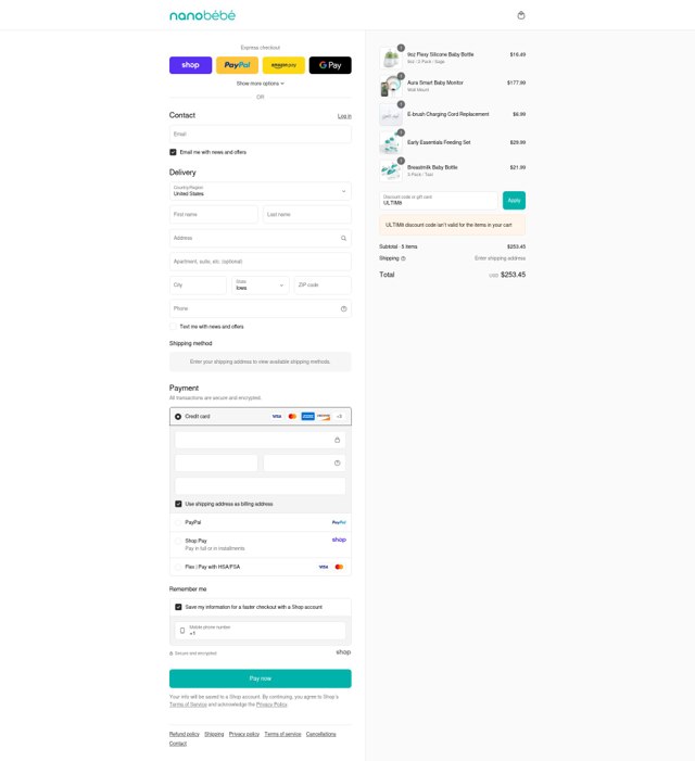 Nanobebe checkout page showing Nanobebe discount code box | Screenshot taken by SimplyCodes community member on Sep 6, 2025