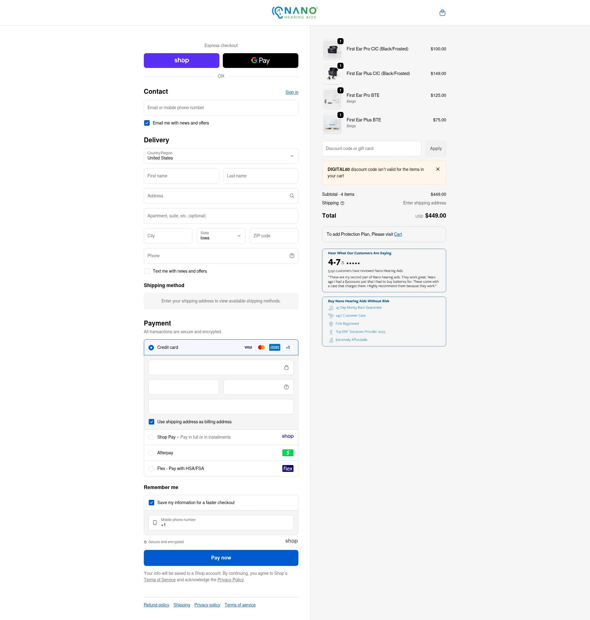 Nano Hearing Aids checkout page showing Nano Hearing Aids discount code box | Screenshot taken by SimplyCodes community member on Dec 29, 2025