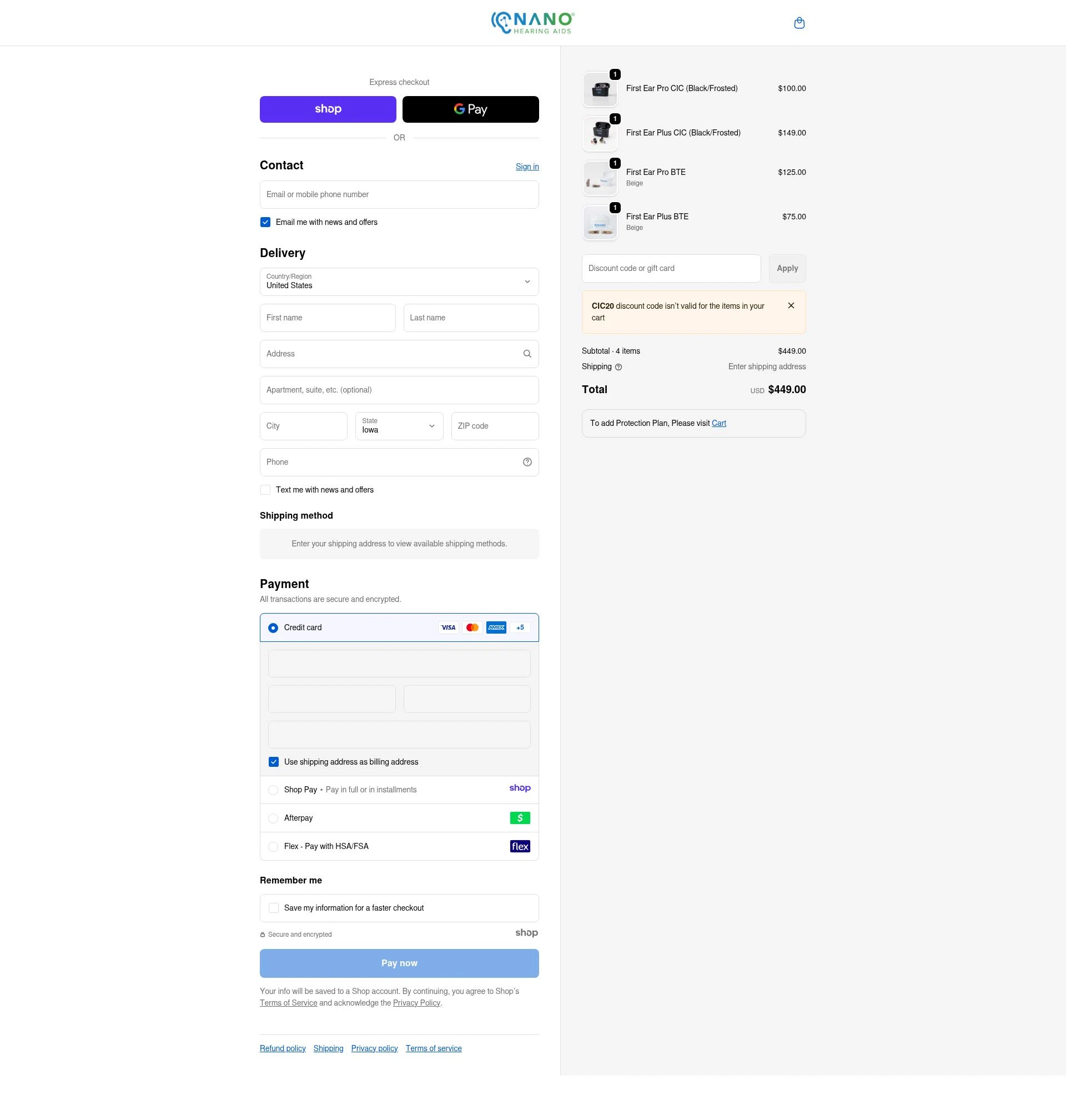 Nano Hearing Aids checkout page showing Nano Hearing Aids discount code box | Screenshot taken by SimplyCodes community member on Dec 29, 2025