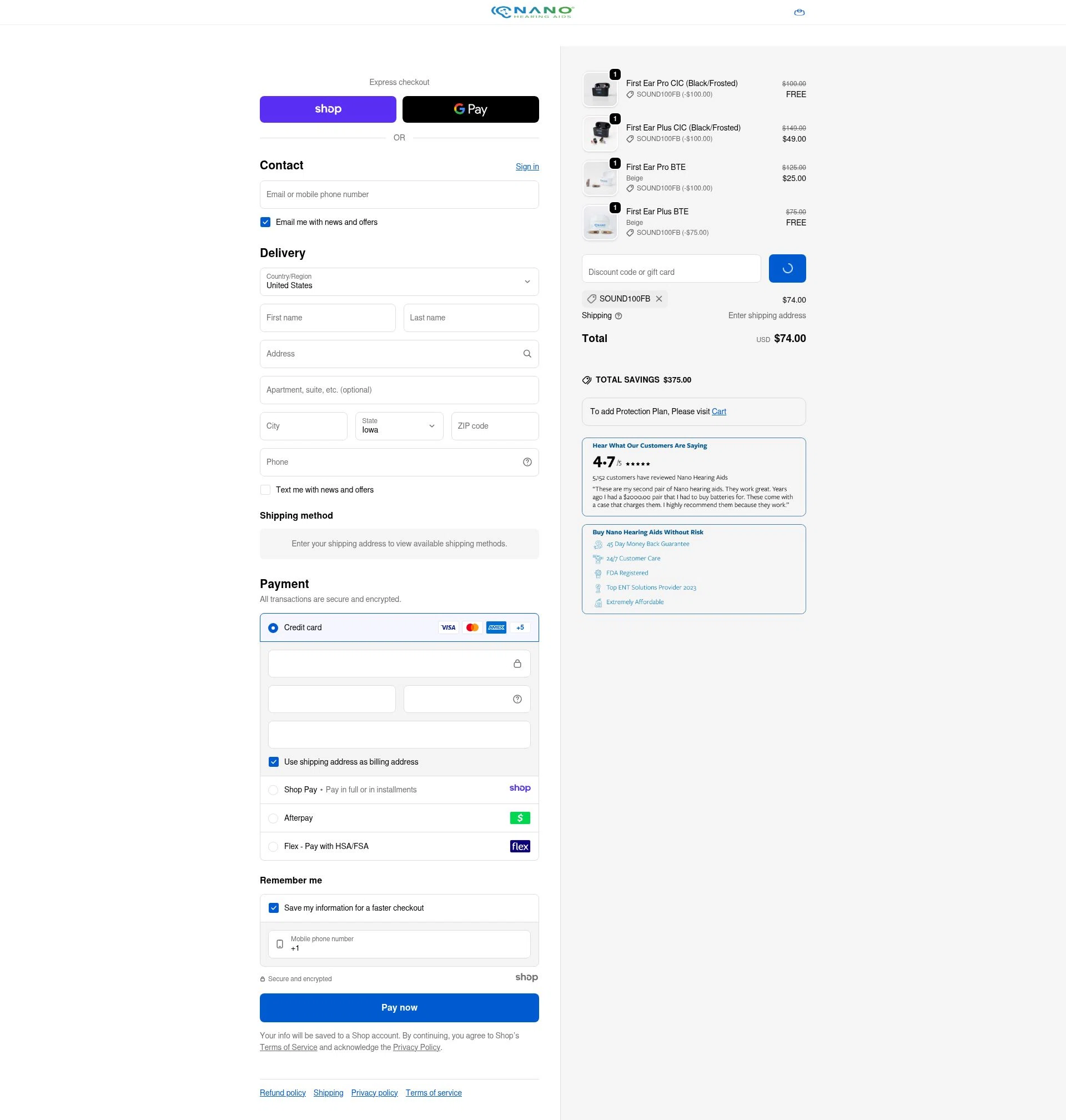 Nano Hearing Aids checkout page showing Nano Hearing Aids discount code box | Screenshot taken by SimplyCodes community member on Dec 29, 2025