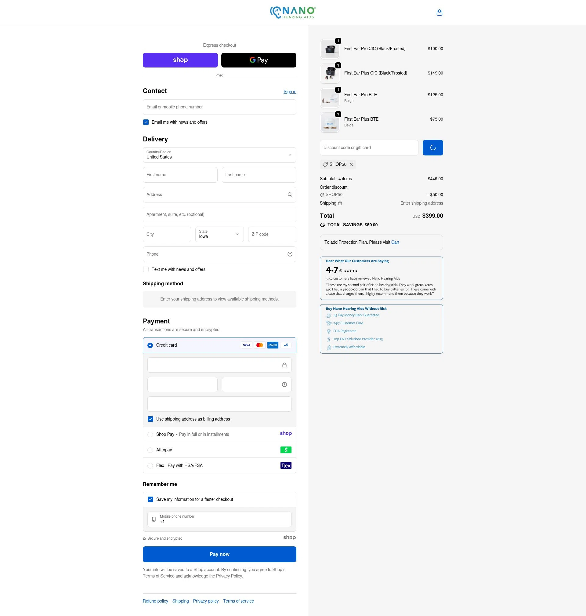 Nano Hearing Aids checkout page showing Nano Hearing Aids discount code box | Screenshot taken by SimplyCodes community member on Dec 29, 2025