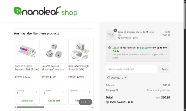 Nanoleaf checkout page showing Nanoleaf discount code box | Screenshot taken by SimplyCodes community member on Sep 5, 2025