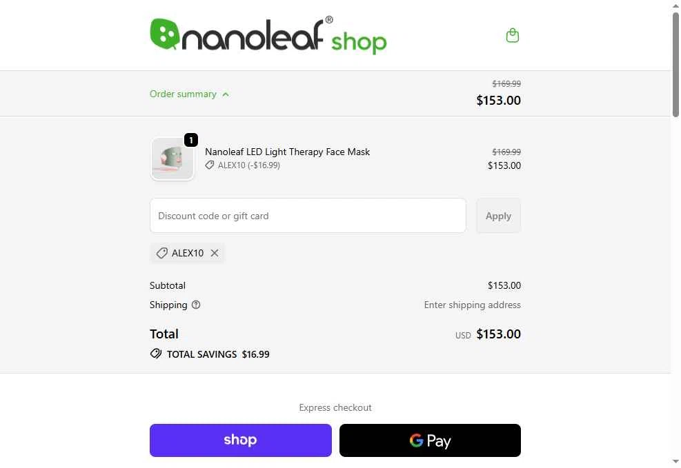 Nanoleaf checkout page showing Nanoleaf discount code box | Screenshot taken by SimplyCodes community member on Jan 26, 2026