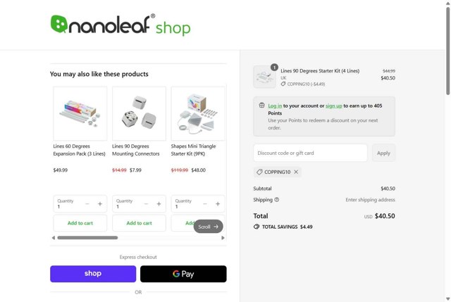 Nanoleaf checkout page showing Nanoleaf discount code box | Screenshot taken by SimplyCodes community member on Sep 2, 2025