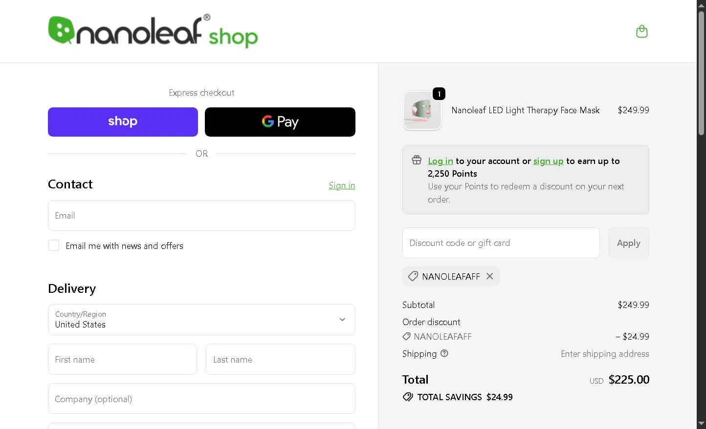 Nanoleaf checkout page showing Nanoleaf discount code box | Screenshot taken by SimplyCodes community member on Nov 19, 2025
