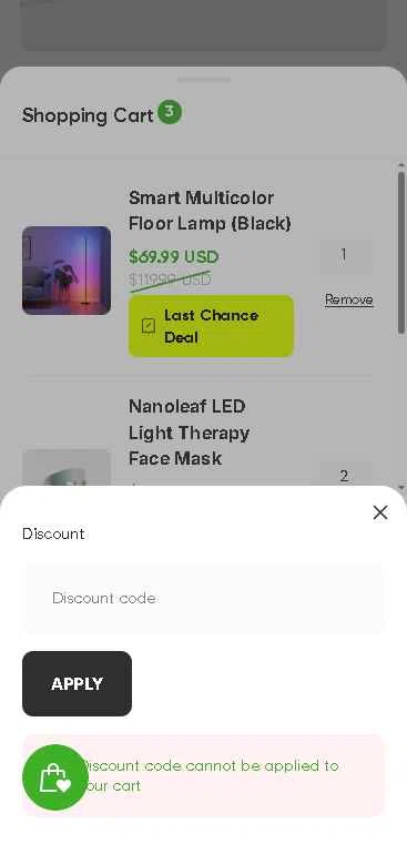 Nanoleaf checkout page showing Nanoleaf discount code box | Screenshot taken by SimplyCodes community member on Dec 1, 2025