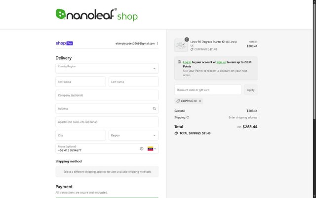 Nanoleaf checkout page showing Nanoleaf discount code box | Screenshot taken by SimplyCodes community member on Aug 15, 2025
