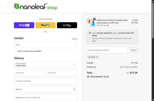 Nanoleaf checkout page showing Nanoleaf discount code box | Screenshot taken by SimplyCodes community member on Aug 19, 2025