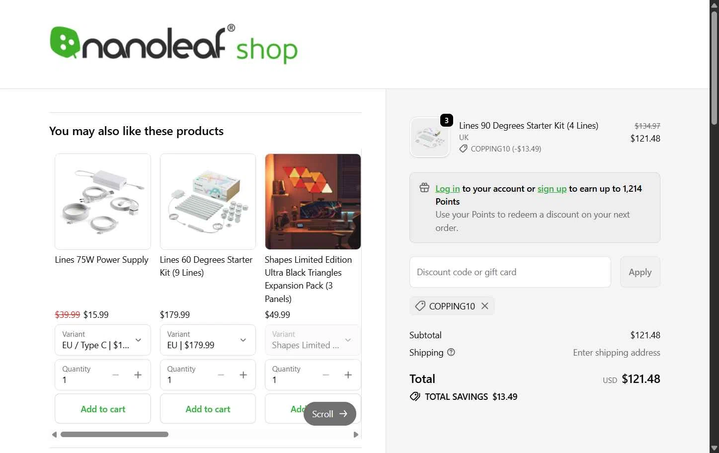 Nanoleaf checkout page showing Nanoleaf discount code box | Screenshot taken by SimplyCodes community member on Jan 30, 2026