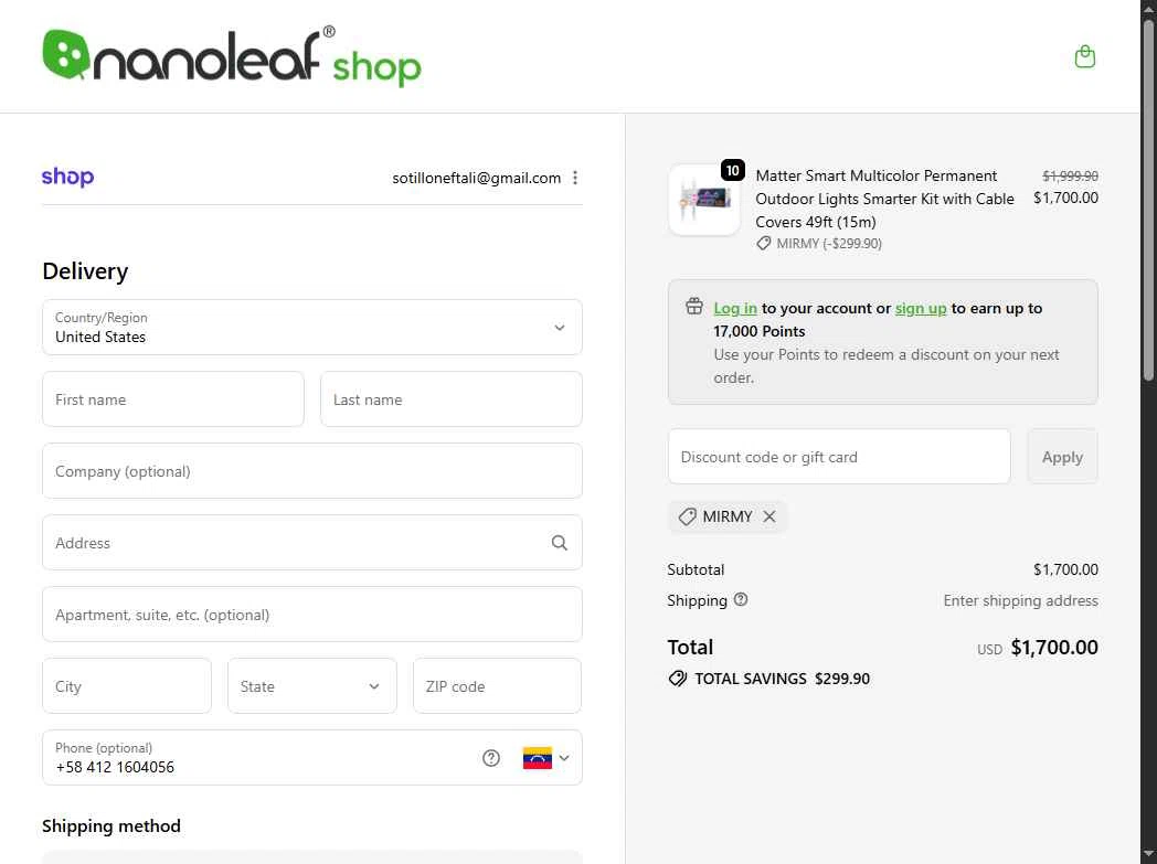 Nanoleaf checkout page showing Nanoleaf discount code box | Screenshot taken by SimplyCodes community member on Nov 15, 2025