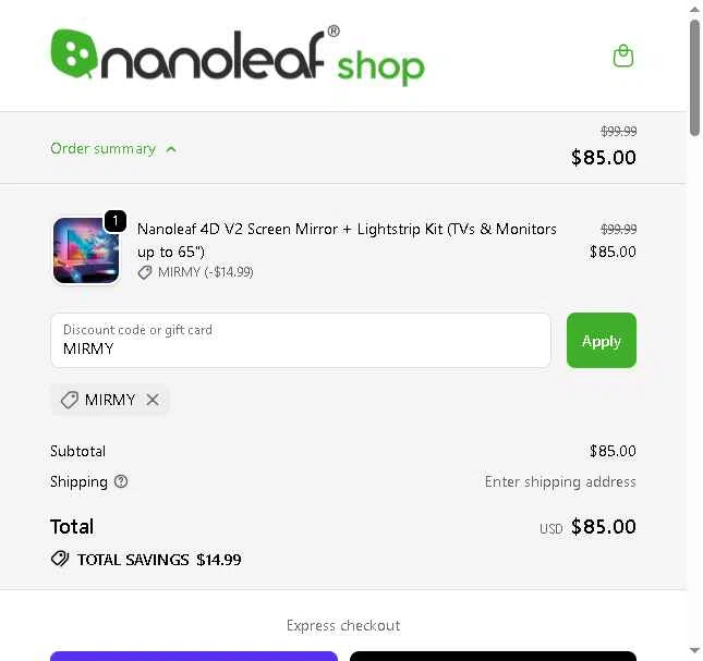 Nanoleaf checkout page showing Nanoleaf discount code box | Screenshot taken by SimplyCodes community member on Nov 15, 2025