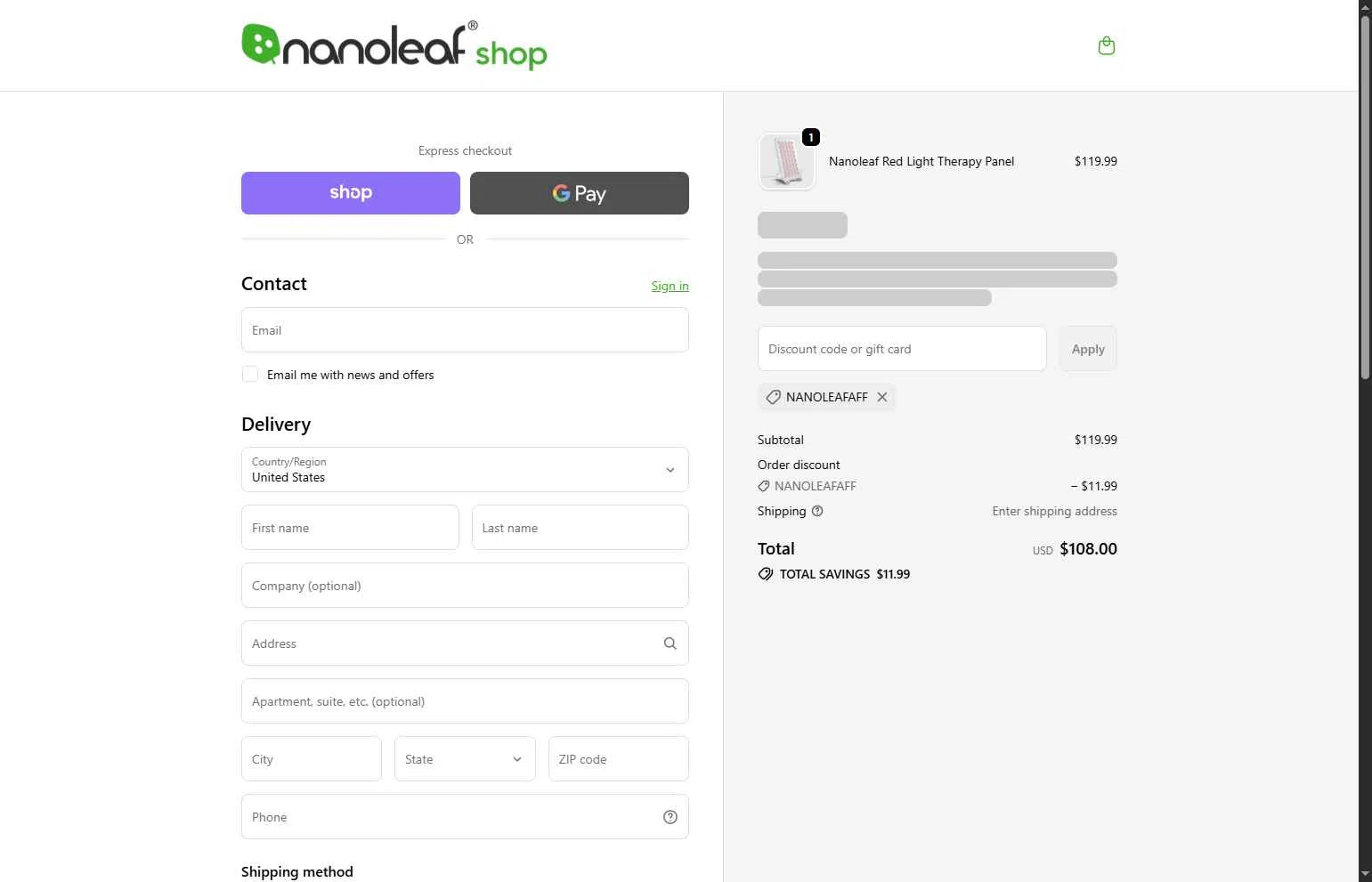 Nanoleaf checkout page showing Nanoleaf discount code box | Screenshot taken by SimplyCodes community member on Jan 21, 2026