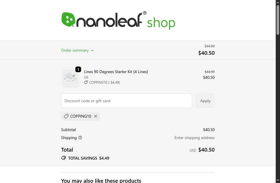 Nanoleaf checkout page showing Nanoleaf discount code box | Screenshot taken by SimplyCodes community member on Nov 22, 2025