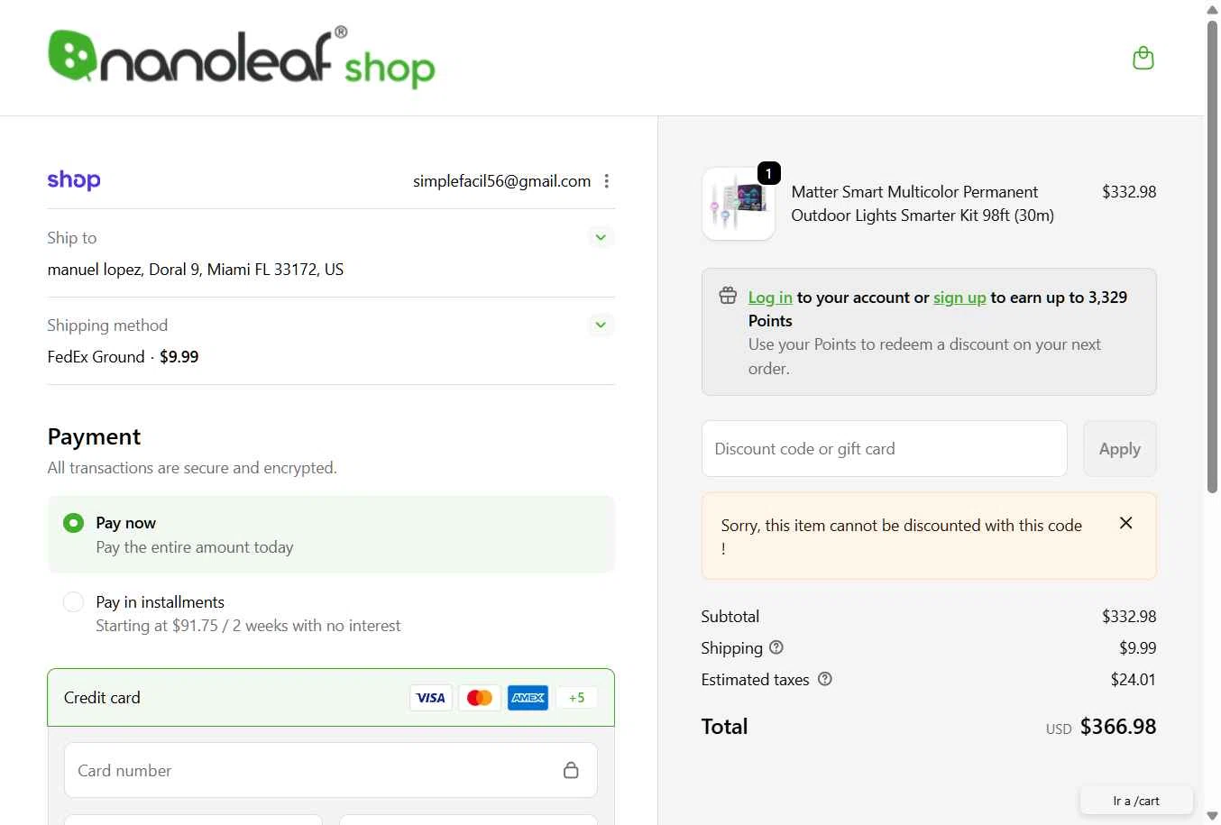 Nanoleaf checkout page showing Nanoleaf discount code box | Screenshot taken by SimplyCodes community member on Jan 29, 2026