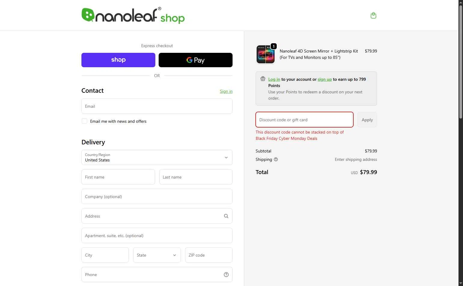 Nanoleaf checkout page showing Nanoleaf discount code box | Screenshot taken by SimplyCodes community member on Nov 29, 2025