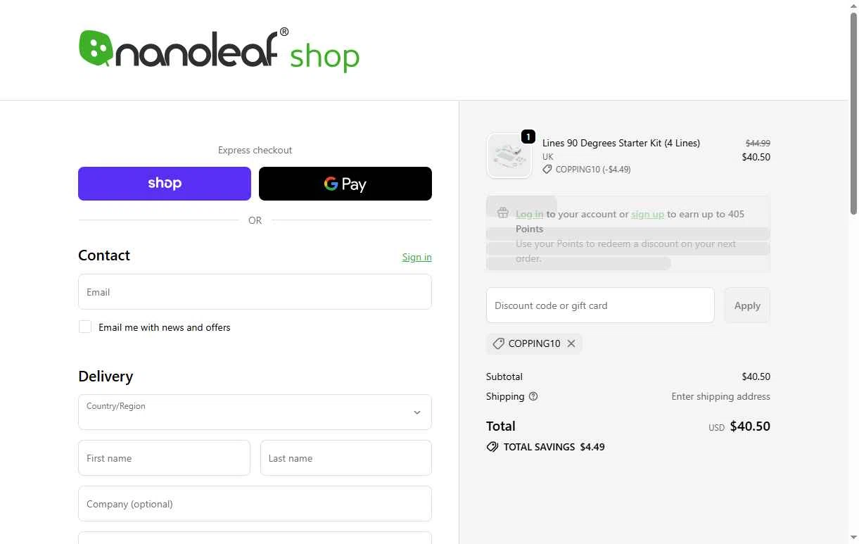 Nanoleaf checkout page showing Nanoleaf discount code box | Screenshot taken by SimplyCodes community member on Nov 26, 2025