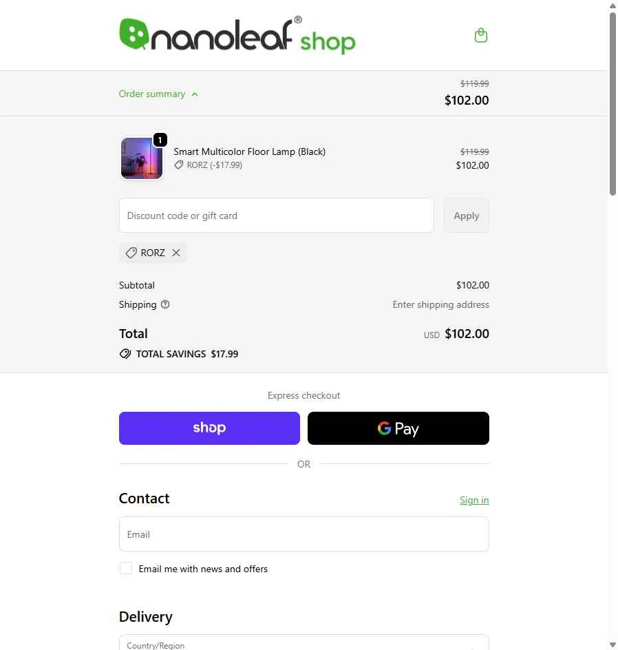 Nanoleaf checkout page showing Nanoleaf discount code box | Screenshot taken by SimplyCodes community member on Nov 16, 2025