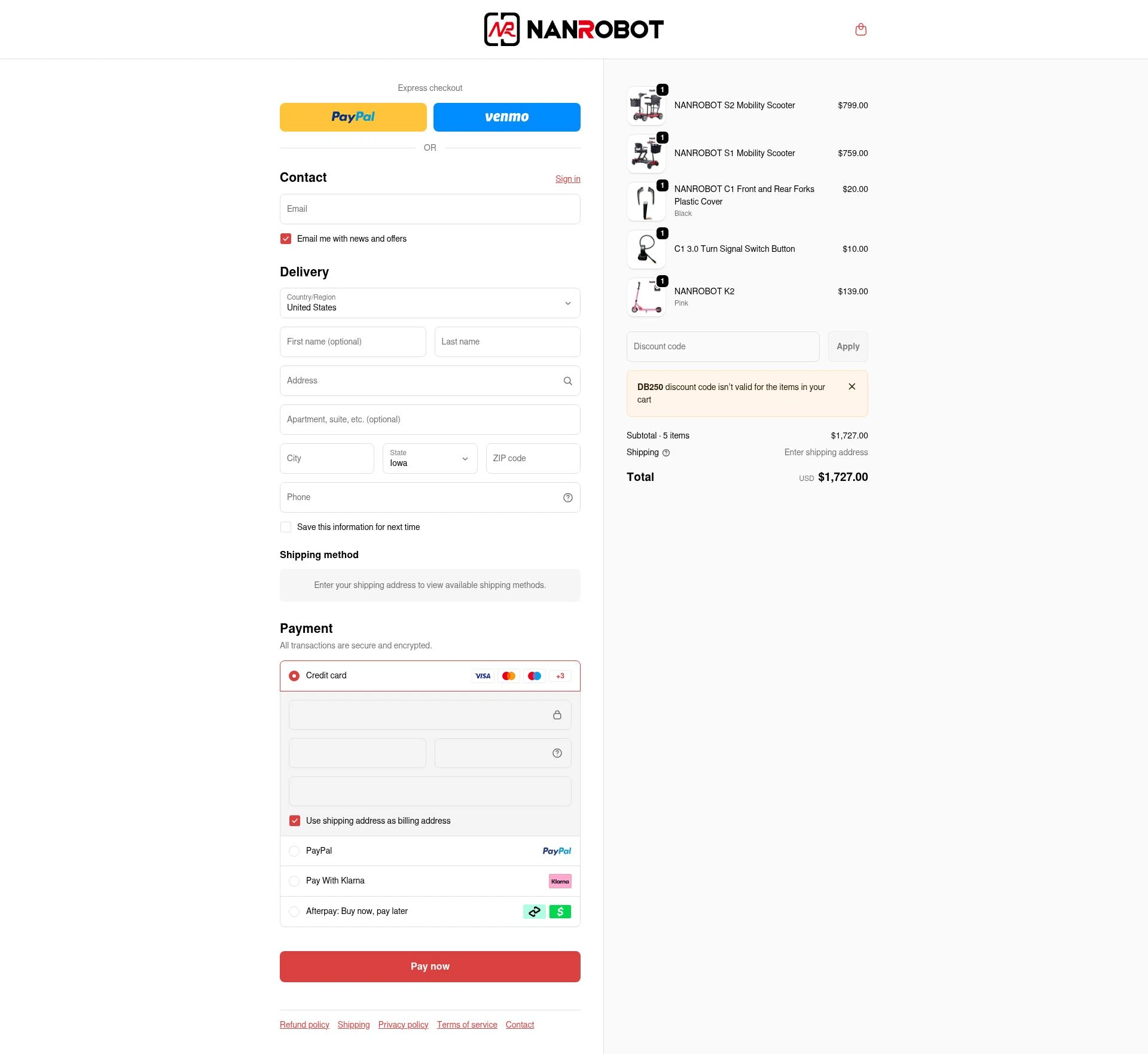 NANROBOT checkout page showing NANROBOT coupon code box | Screenshot taken by SimplyCodes community member on Feb 17, 2026