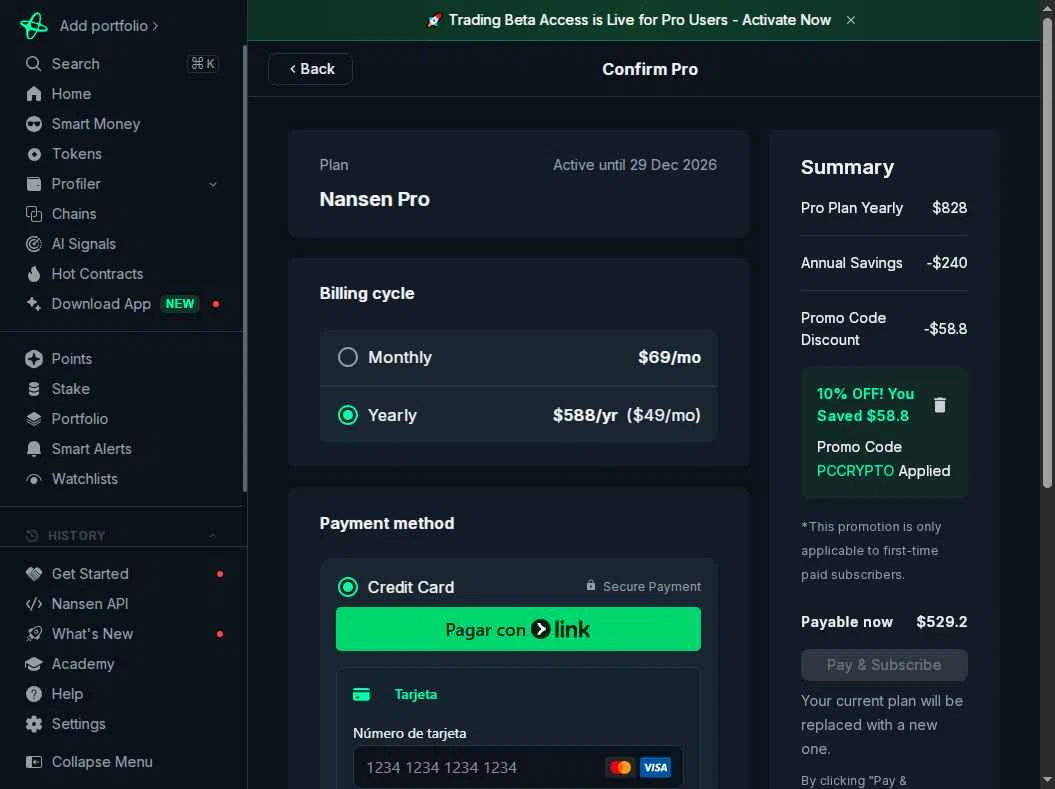 Nansen checkout page showing Nansen promo code box | Screenshot taken by SimplyCodes community member on Dec 29, 2025