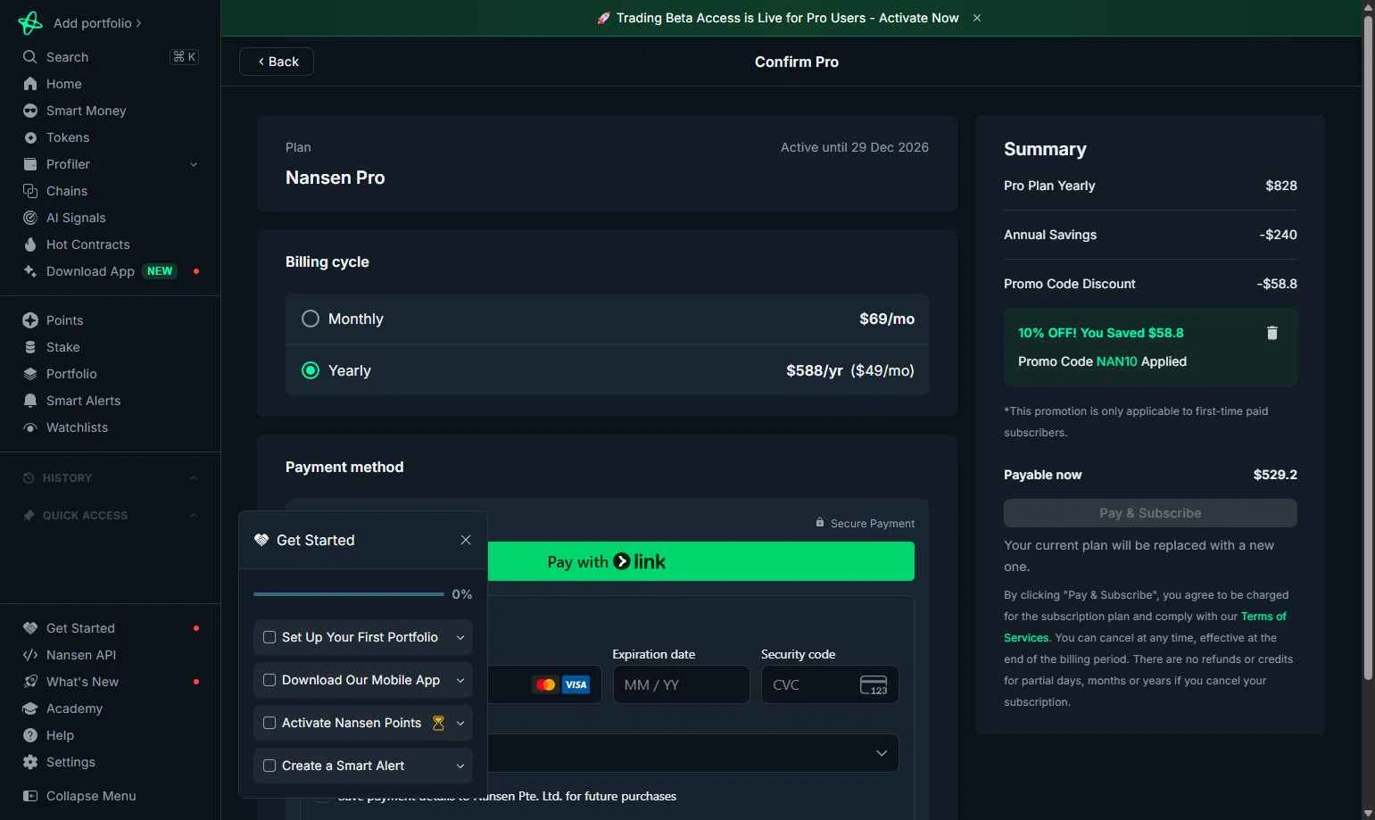 Nansen checkout page showing Nansen promo code box | Screenshot taken by SimplyCodes community member on Dec 29, 2025