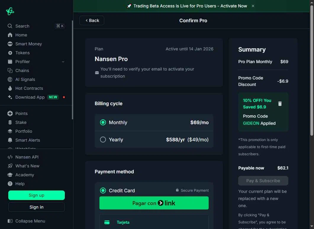 Nansen checkout page showing Nansen promo code box | Screenshot taken by SimplyCodes community member on Dec 14, 2025