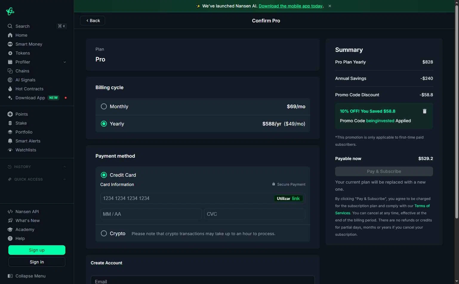 Nansen checkout page showing Nansen promo code box | Screenshot taken by SimplyCodes community member on Nov 5, 2025