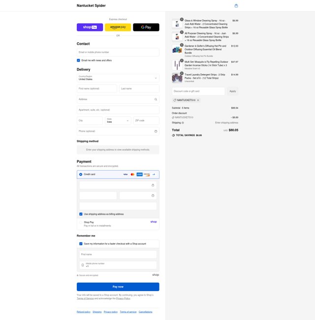 Nantucket Spider checkout page showing Nantucket Spider discount code box | Screenshot taken by SimplyCodes community member on Aug 15, 2025