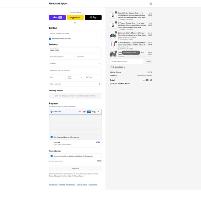 Nantucket Spider checkout page showing Nantucket Spider discount code box | Screenshot taken by SimplyCodes community member on Aug 24, 2025