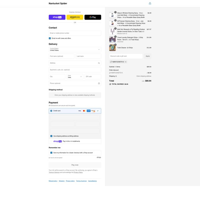 Nantucket Spider checkout page showing Nantucket Spider discount code box | Screenshot taken by SimplyCodes community member on Aug 7, 2025