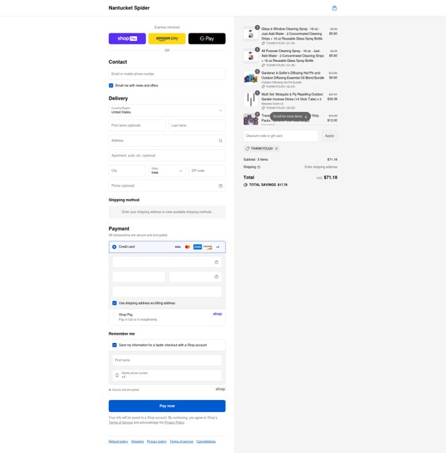 Nantucket Spider checkout page showing Nantucket Spider discount code box | Screenshot taken by SimplyCodes community member on Aug 20, 2025