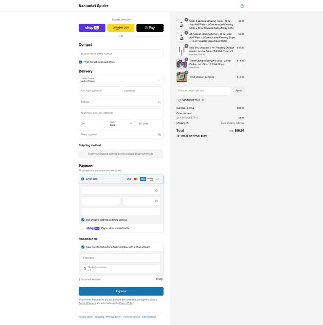 Nantucket Spider checkout page showing Nantucket Spider discount code box | Screenshot taken by SimplyCodes community member on Aug 11, 2025