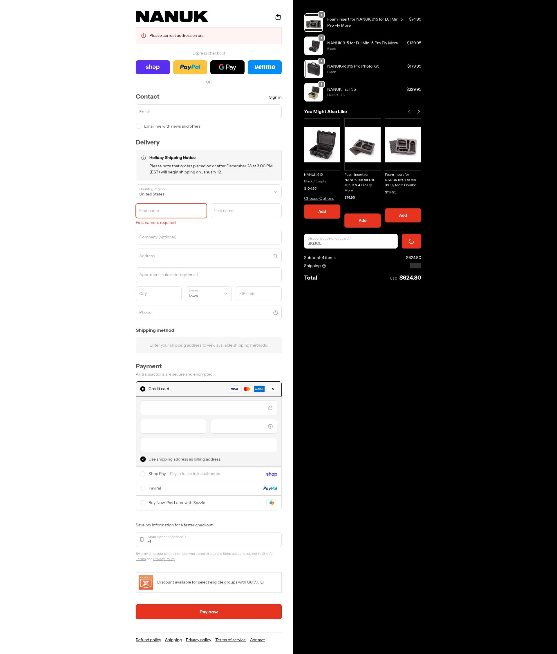 Nanuk Case checkout page showing Nanuk Case promo code box | Screenshot taken by SimplyCodes community member on Feb 11, 2026