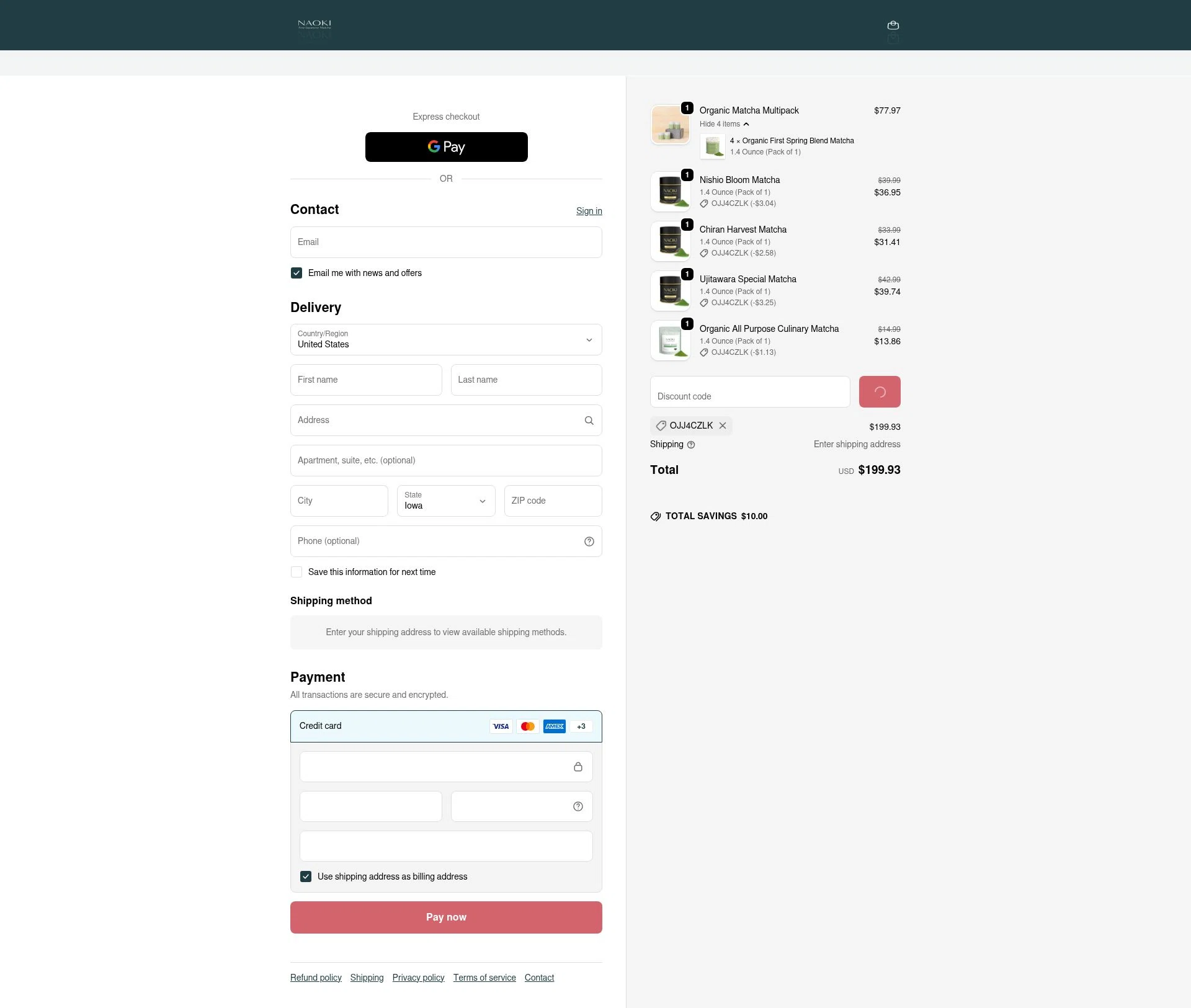 Naoki Matcha checkout page showing Naoki Matcha discount code box | Screenshot taken by SimplyCodes community member on Jan 21, 2026