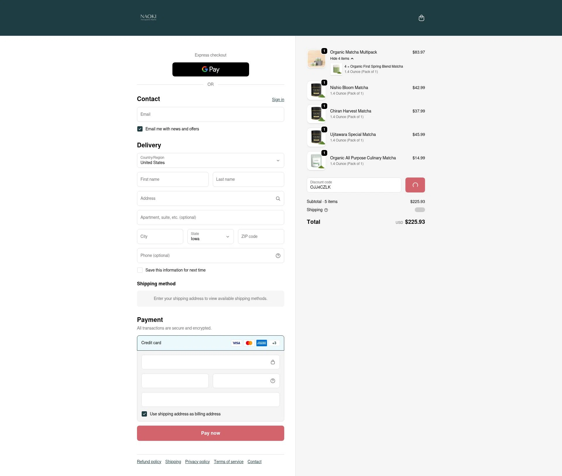 Naoki Matcha checkout page showing Naoki Matcha discount code box | Screenshot taken by SimplyCodes community member on Jan 11, 2026