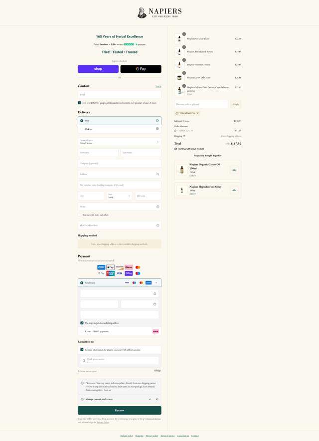 Napiers checkout page showing Napiers discount code box | Screenshot taken by SimplyCodes community member on Sep 6, 2025