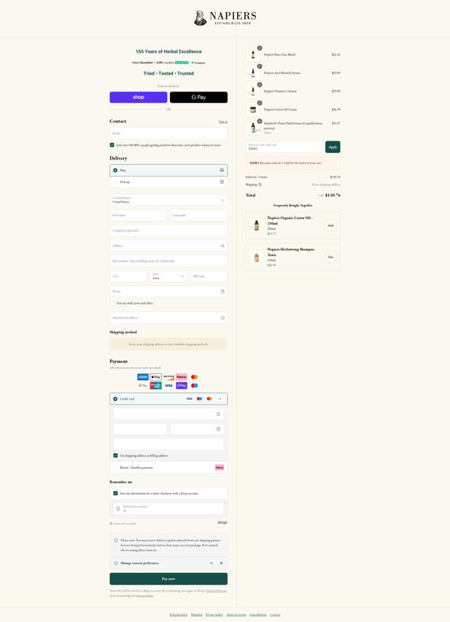 Napiers checkout page showing Napiers discount code box | Screenshot taken by SimplyCodes community member on Sep 10, 2025