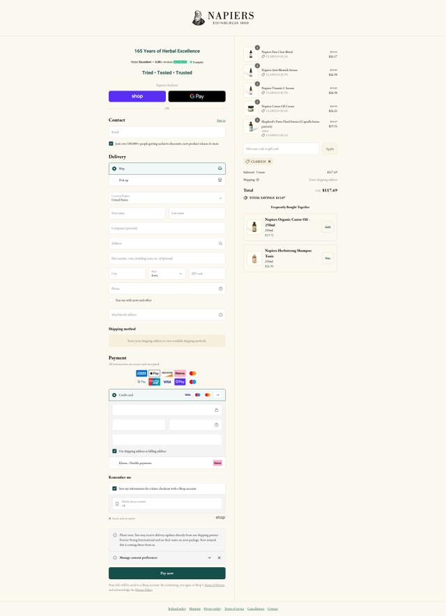 Napiers checkout page showing Napiers discount code box | Screenshot taken by SimplyCodes community member on Sep 10, 2025