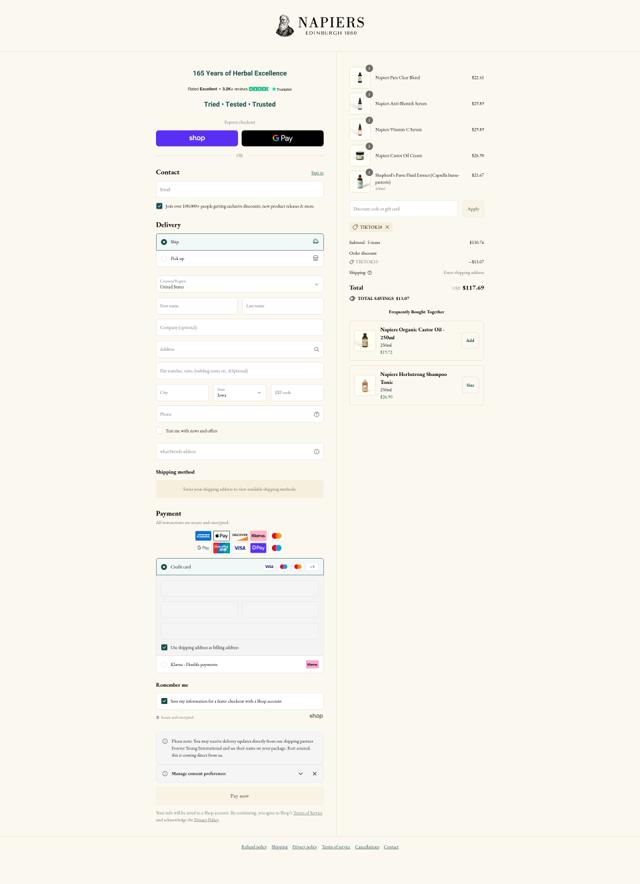 Napiers checkout page showing Napiers discount code box | Screenshot taken by SimplyCodes community member on Sep 10, 2025