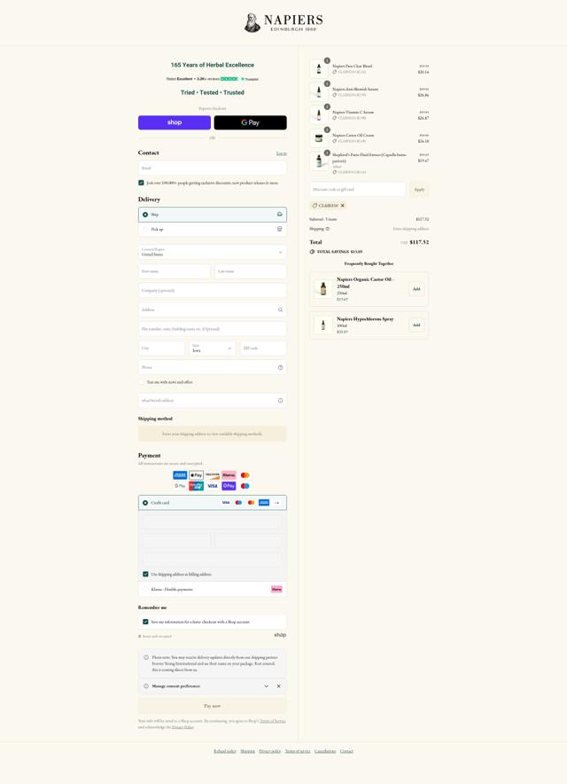 Napiers checkout page showing Napiers discount code box | Screenshot taken by SimplyCodes community member on Sep 6, 2025