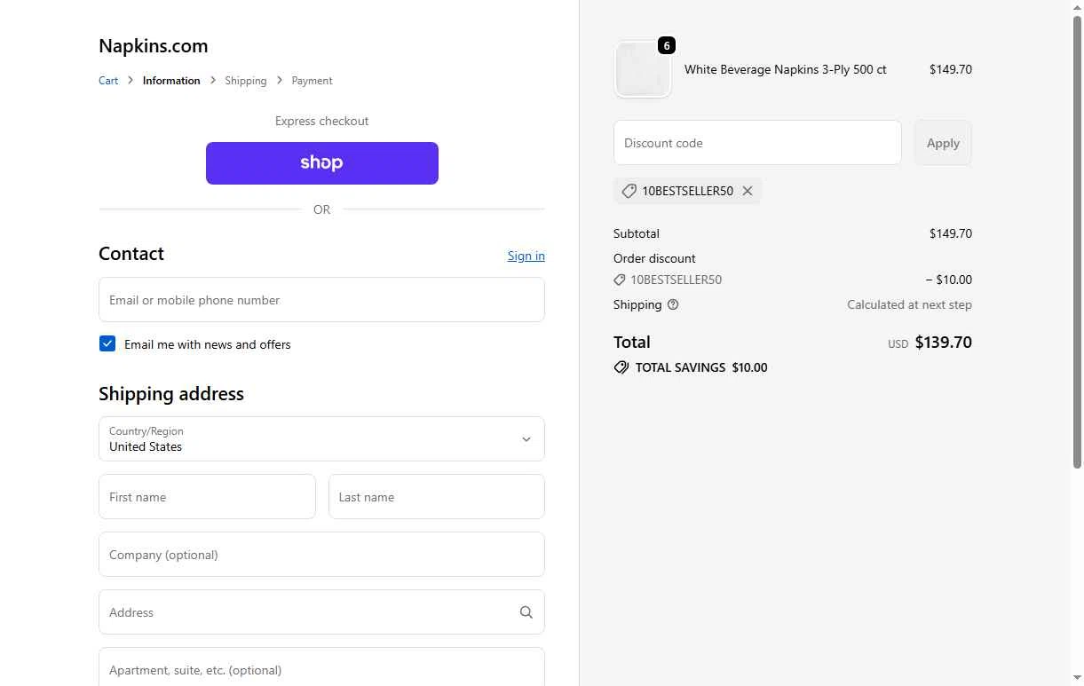 Napkins.com checkout page showing Napkins.com promo code box | Screenshot taken by SimplyCodes community member on Jan 3, 2026