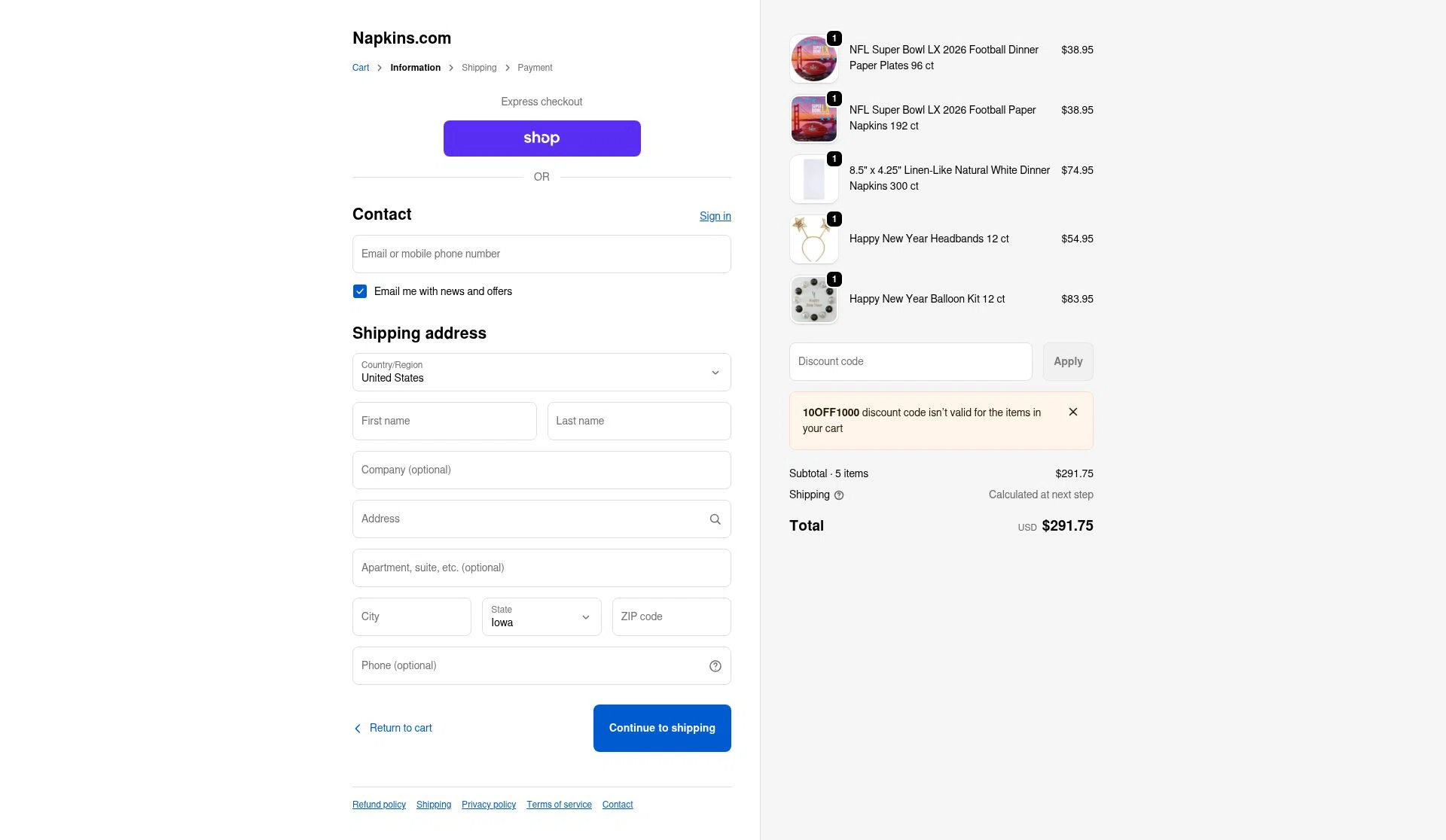 Napkins.com checkout page showing Napkins.com promo code box | Screenshot taken by SimplyCodes community member on Jan 3, 2026